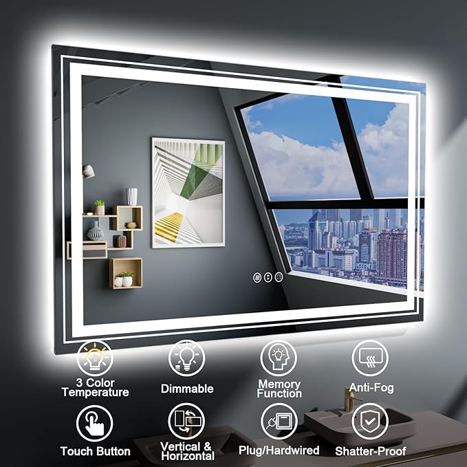 LED Bathroom Mirror, 60"x 30" with Front and Backlit, Anti-Fog, Large Bathroom Vanity Mirror for Wall, Memory Function, Stepless Dimmable, Tempered Glass (Horizontal/Vertical)