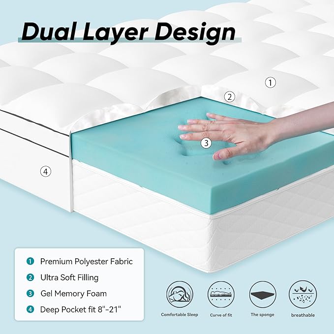 Memory Foam Mattress Topper California King Size, Dual Layer 4 Inch Mattress Pad,2 Inch Gel Memory Foam Plus 2 Inch Pillow Top Cover with 8-21 Inch Deep Pocket