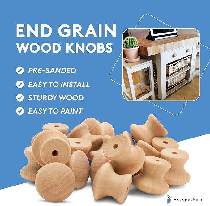 Woodpeckers End Grain Large Wooden Knobs 2 inch for Bifold Closet Doors, Dresser, Cabinet, Pack of 25 Unfinished Knobs for Crafts, Knob Replacement, Furniture