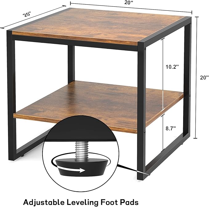 Homieasy End Table, 20 Inch Square End Table, Mini Fridge Stand with 2-Tier Storage Shelves, Industrial Wood Side Tables for Living Room, Rustic Brown