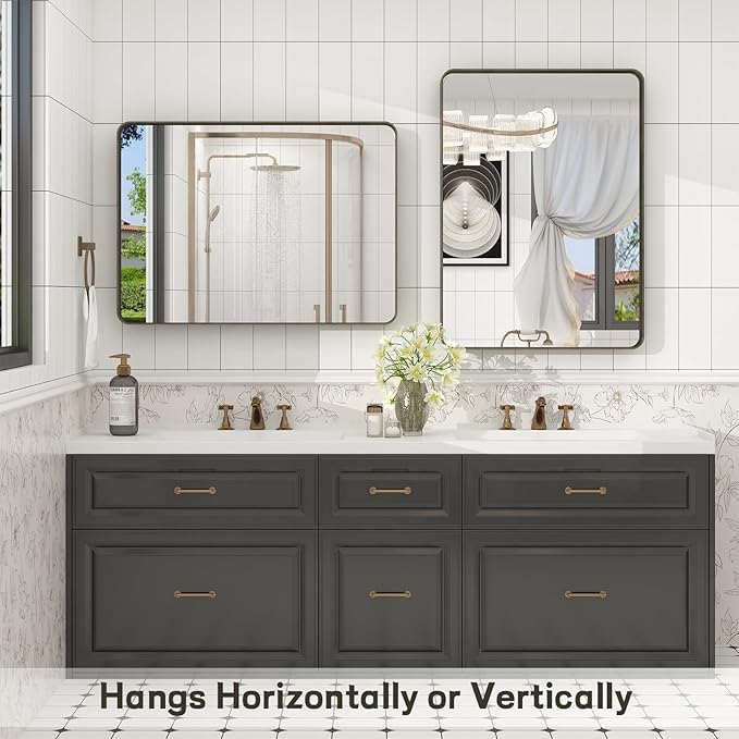 22x30 Inch Bronze Framed Bathroom Mirror, Brushed Bronze Metal Vanity Mirror, Bronze Rectangle Mirror, Rounded Corner, Tempered Glass, Anti-Rust, Shatterproof (Horizontal/Vertical)