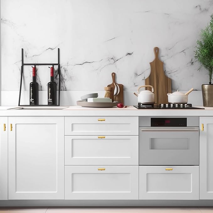 10 Pack Gold Cabinet Knobs - Curved Cabinet Pulls Brushed Brass Knobs for Kitchen Cabinet Drawer Solid Dresser Knobs for Cabinet Hardware 1-3/4in Length Single Hole