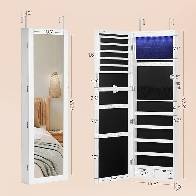 SONGMICS 6 LEDs Mirror Jewelry Cabinet, 47.2-Inch Tall Lockable Wall or Door Mounted Jewelry Armoire Organizer with Mirror, 2 Drawers, Christmas Gift, 3.9 x 14.6 x 47.2 Inches, White