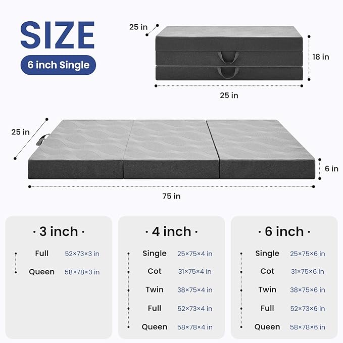 Foldable Mattress Single 6 inch -Portable Grey Memory Foam Folding Matress with Washable Cover for Camping Travel Guest Room Home Use-Non-Slip&Easy Storage
