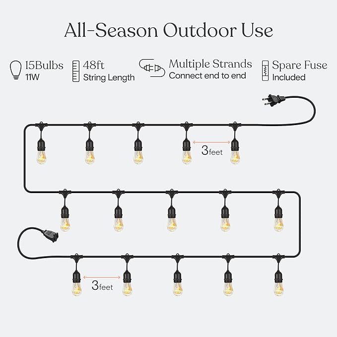 Brightech Ambience Pro Incandescent Outdoor String Lights - Commercial Grade Waterproof Patio Lights with 48 Ft Dimmable Edison Bulbs, Porch String Lights for Patio, Backyard - 15 Bulbs 11W