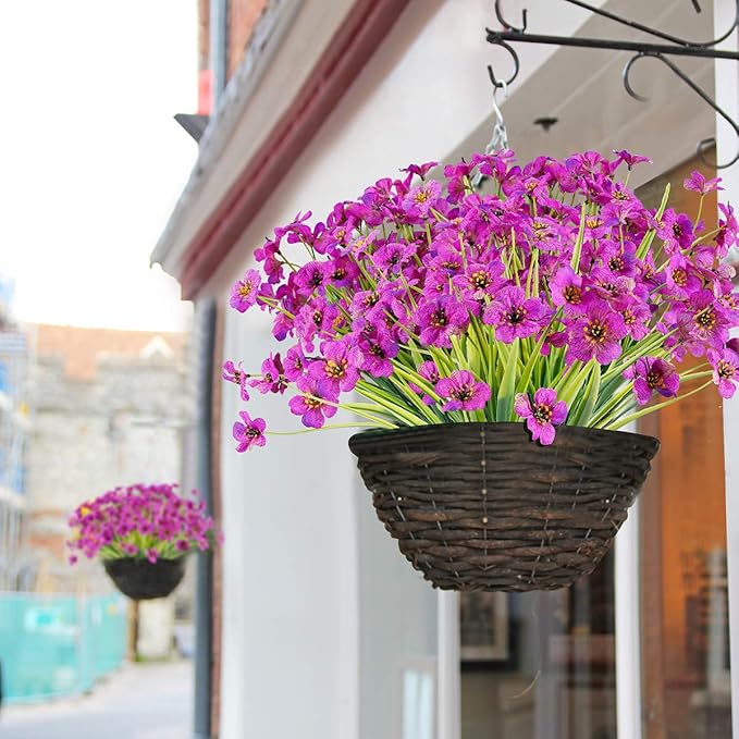 12 Bundles Artificial Flowers Outdoor UV Resistant Fake Flowers No Fade Plastic Plants Garden Porch Window Box Decorating (Purple)