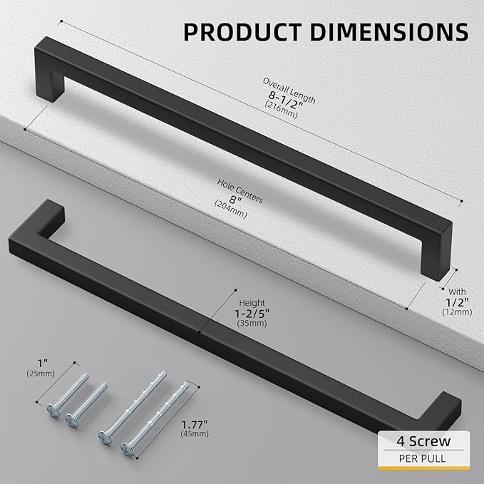 goldenwarm 60 Pack 8 Inch Black Cabinet Handles Matte Black Drawer Pulls Stainless Steel Cabinets Hardware Square Bar Modern for Kitchen Bathroom Cupboard