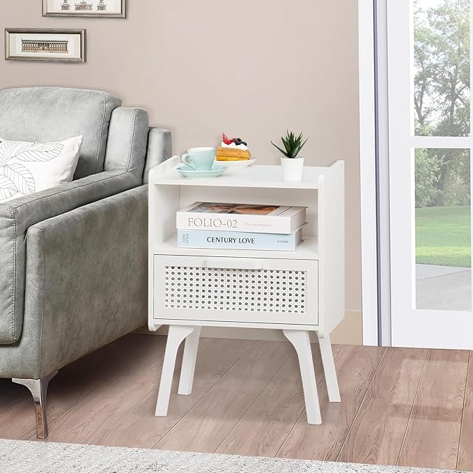 Lerliuo Rattan Nightstand, Side Table with Drawer Open Shelf, Cane Accent Bedside End Table with Solid Wood Legs, Mid Century Modern Night Stand for Bedroom, Dorm and Small Spaces (White)