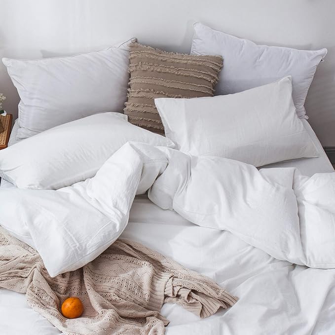MooMee Bedding Duvet Cover Set 100% Washed Cotton Linen Like Textured Breathable Durable Soft Comfy (Solid Off White, Alaska King 132"x120")