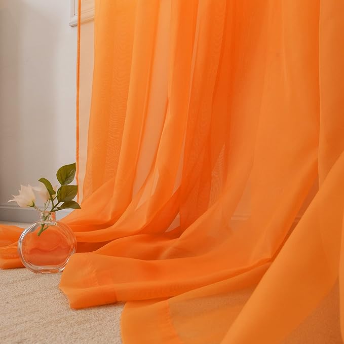 HUTO Orange Sheer Curtains 84 inches Long for Bedroom Top Rod Pocket Sheer Window Panels Curtains for Nursery Living Room 52 by 84 Inch Length Set of 2