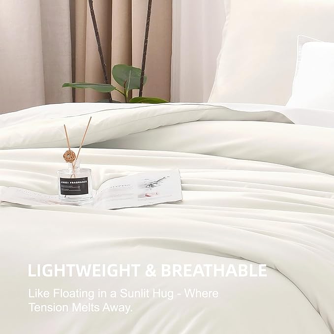 Litanika Comforters Ivory Oversized King Size, 3 Pieces Lightweight Solid Bedding Comforter Set, All Season Fluffy Bed Set (120x98In Comforter & 2 Pillowcases)
