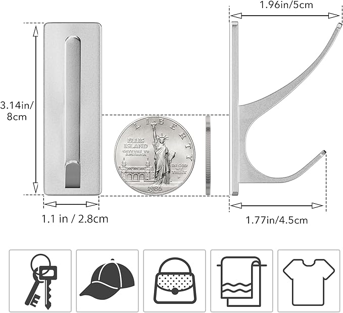 Self-Adhesive Coat Hooks for Hanging - Heavy Duty Stainless Double Wall Hook for Towel, Backpack, Hat, Sturdy Metal Hanger for Bathroom, Bedroom, Door, Wall Mounted, 10-Pack, Silver