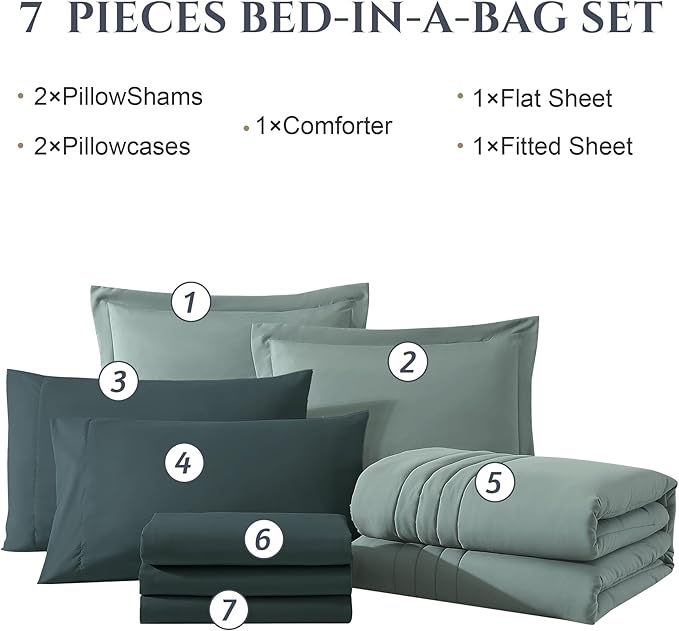 Monbix King Size Comforter Set - 7 Pieces Bed in a Bag King, Sage Green Bedding Sets with Comforter, All Seasons Comforter Bed Set with Sheets, Pillowcases & Shams