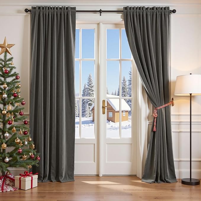 Lazzzy Velvet Blackout Curtains Thermal Insulated Room Window Drapes Super Soft Luxury Curtains for Living Room Bedroom Rod Pocket 2 Panels, Grey, 42" W x 90" L
