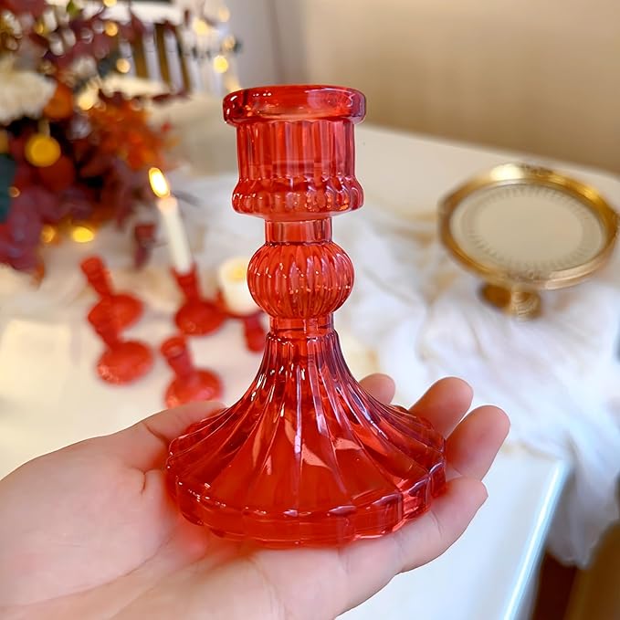 Glass Candlestick Holder,Striped Taper Candle Holders,Set of 6 Candle Stand for Table Centerpieces, Home Decor,Weddings,Festival and Parties (Red Stripe Pattern)