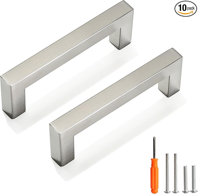 Cabinet Pulls Brushed Nickel Cabinet Handles Square Drawer Pulls, 10 Pack 3-3/4 Inch Stainless Steel Kitchen Door Cupboard Cabinet Handles, Cabinet Hardware Drawer Handles, 96mm Hole Centers