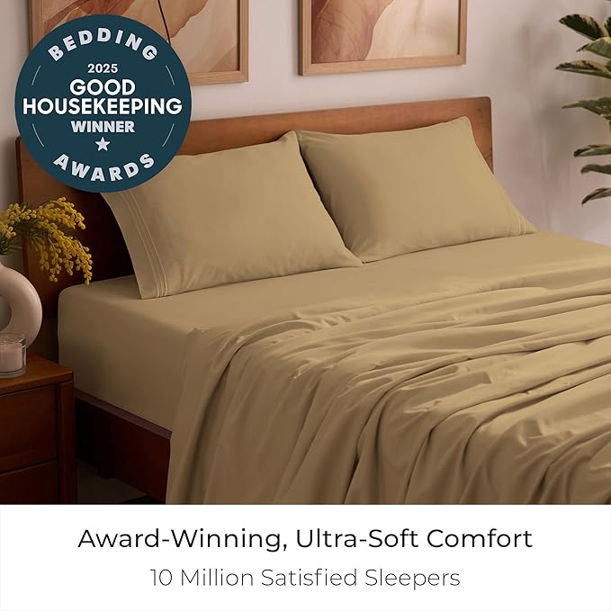 Mellanni Queen Sheets Set - 4 PC Iconic Collection Bedding - Hotel Luxury, Extra Soft, Cooling Bed Sheets - Wrinkle, Fade, Stain Resistant (Queen, Gold)
