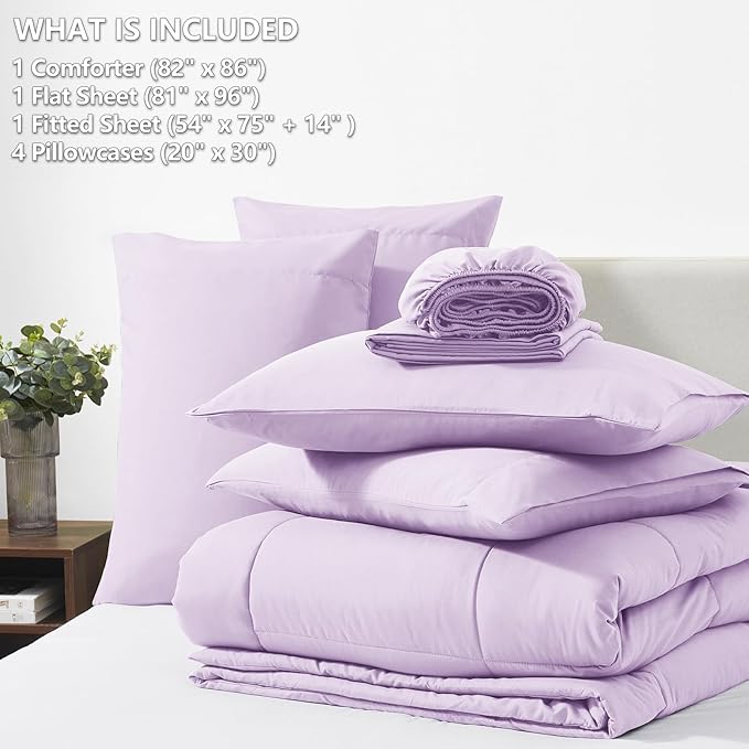CozyLux Full Size Comforter Sets Lavender, 7 Pieces Bed in a Bag, Light Purple Comforter Full Size, All Season Bedding Sets with Stitch Quilted Comforter, Flat Sheet, Fitted Sheet, Pillowcases