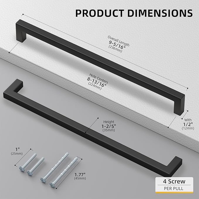 goldenwarm 50 Pack 8-4/5 Inch Black Cabinet Handles Matte Black Drawer Pulls Stainless Steel Cabinets Hardware Square Bar Modern for Kitchen Bathroom Cupboard