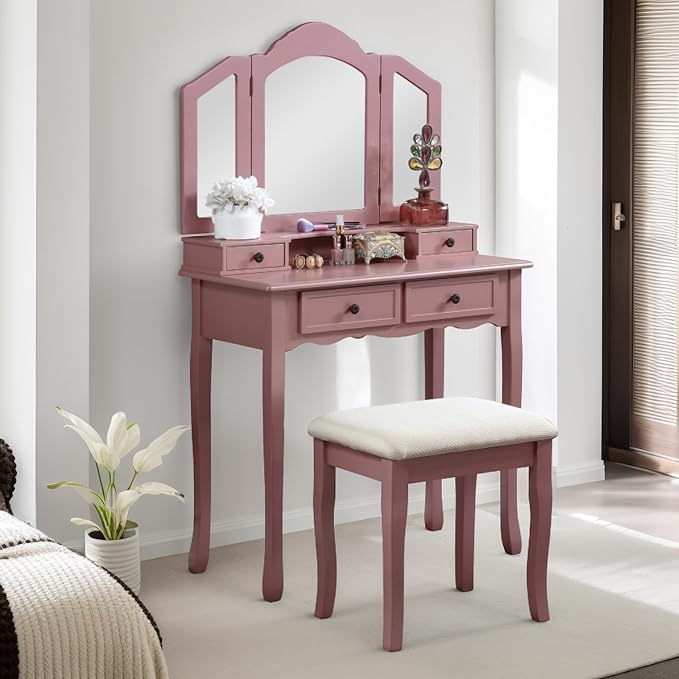 Roundhill Furniture Sanlo Wooden Vanity, Make Up Table and Stool Set, RoseGold