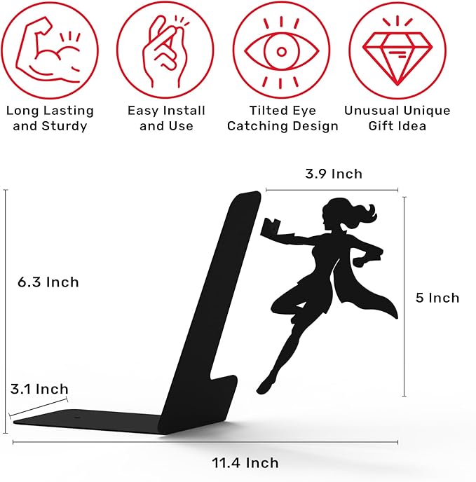 Artori Design Book Ends to Hold Books Heavy Duty Hidden Metal Bookends for Shelves Bookend Book Holder for Home Decorative Gift for Book End Lovers and Home Décor (Supergal+Book&Hero)
