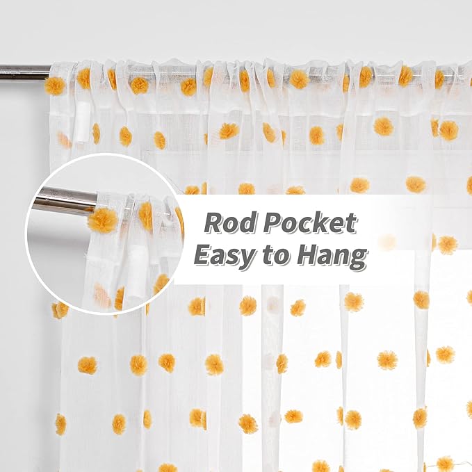 MYSKY HOME Burnt Orange Pom Pom Curtains for Bedroom, Small Windows, Light Filtering, White Sheer, Short Cafe, Bathroom Privacy, Rod Pocket, 52 x 45 inch, 2 Panels