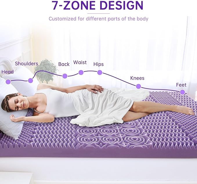 MUXHOMO 3.9 Inch 7-Zone King Mattress Topper, Egg Crate Foam Mattress Topper King Size for Back Pain, Lavender Cooling Gel Infused Bed Pad, CertiPUR-US and Oeko-TEX Certification (76"×80")