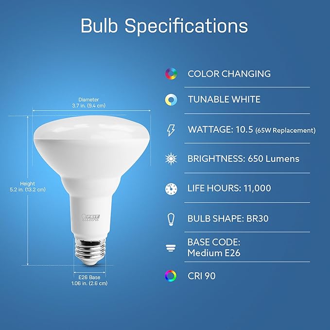 Feit Electric BR30 Smart Flood Light Bulb,2.4GHz WiFi Color Changing and Dimmable, No Hub, Works with Alexa or Google Assistant, BR30/RGBW/CA/AG, 65W, Multi-Color (RGBW), 1 Count (Pack of 1)