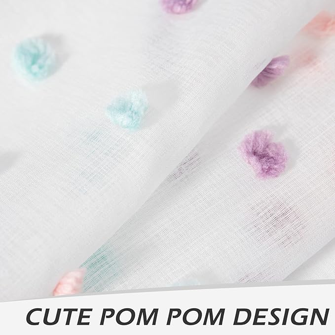 MYSKY HOME Large Curtains Rainbow Pom Pom White Sheer Curtains for Living Room Colorful White Sheer Curtains Sliding Door 108 Inch Long Light Filtering Rod Pocket Window Panels 52 x 108 inch 2 Pieces