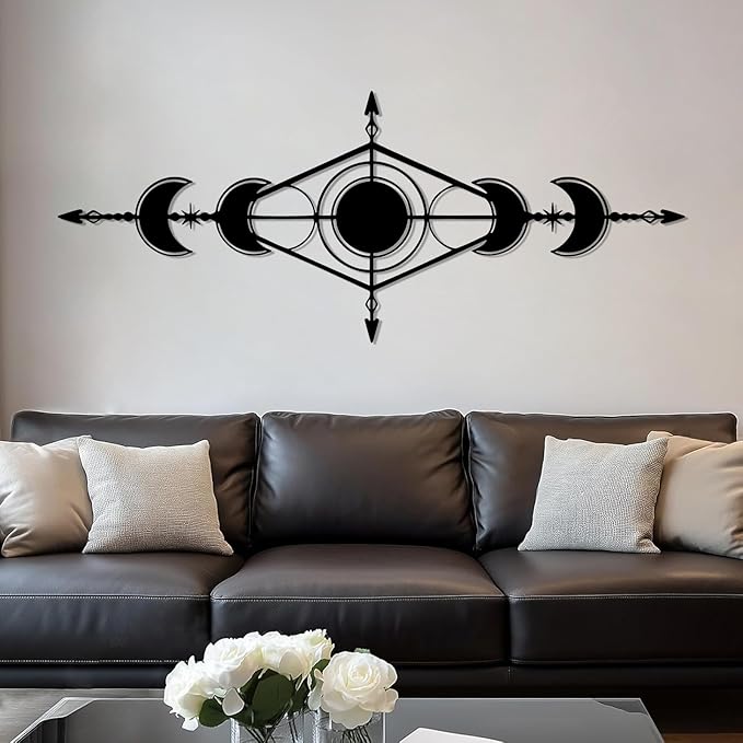 Hfrolixit Moon Phase Metal Wall Decor, Boho Moon Metal Wall Art, Celestial Wall Decor, Scandinavian Natural Wall Art, Astrology Wall Hanging (Silver, 24"x9"/60x24cm)