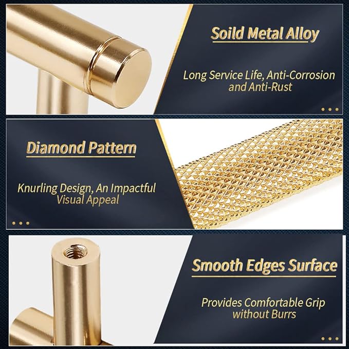 Knurled Cabinet Pulls 6 Pack, 6 Inch Long Cabinet Handles Metal Door Pulls, Kitchen Drawer Pull Knurled Dresser Handles - 5" Hole to Hole, Golden