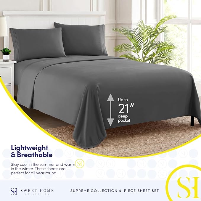 California King Sheet Sets - Breathable Luxury Sheets with Full Elastic & Secure Corner Straps Built In - 1800 Supreme Collection Deep Pocket Bedding, Sheet Set, EXTRA DEEP pocket - Cal King, Gray