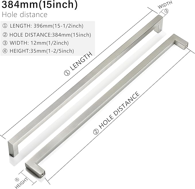 Cabinet Pulls Brushed Nickel Cabinet Handles Square Drawer Pulls, 10 Pack 15 Inch Stainless Steel Kitchen Door Cupboard Cabinet Handles, Cabinet Hardware Drawer Handles, 384mm Hole Centers