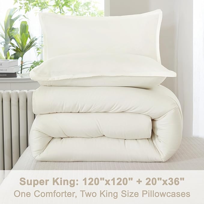 Litanika Oversized King Comforters Ivory Super King Size, 3 Pieces Lightweight Solid Bedding Comforter Set, All Season Fluffy Bed Set (120x120In Comforter & 2 Pillowcases)