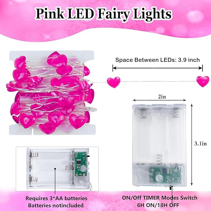10FT Pink Heart Fairy Lights Battery Operated with Timer for Mothers Day Decoration, LED String Light Indoor Outdoor Waterproof Twinkle Light for Christmas Proposal Anniversary Valentines Party Decor