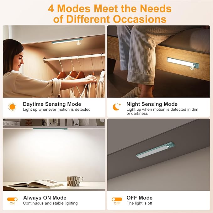 Gritin 10.2inch Under Cabinet Lighting Rechargeable -84 LED Super Bright,3-Color& 5 Level Brightness,4 Modes,Motion Sensor, Long Lasting- Easy Installation Magnetic Closet Lights -2 Pack-Green