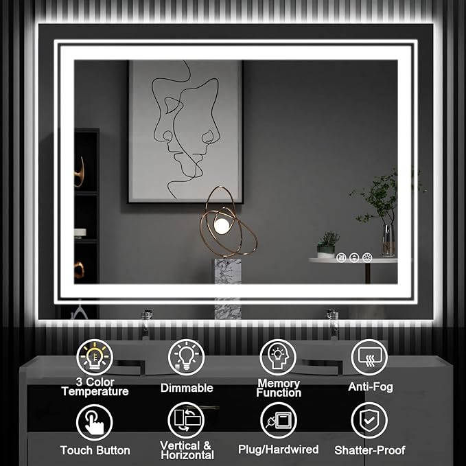 LED Bathroom Mirror, 96"X36" with Front and Backlit, Anti-Fog, Large Bathroom Vanity Mirror for Wall, Memory Function, Stepless Dimmable, Tempered Glass (Horizontal/Vertical)