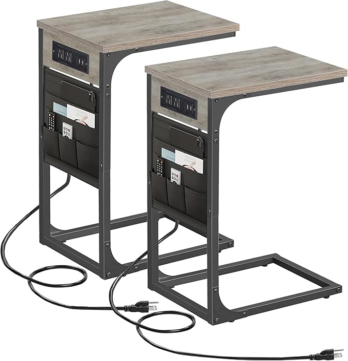TUTOTAK C Shaped End Table with Charging Station, Side Table for Sofa, Couch Table with Storage Bag, Set of 2, TV Tray Table with 2 USB Ports and Outlets for Living Room, Bedroom, TB01BG0242