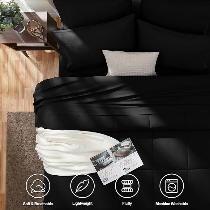 CozyLux Twin XL Comforter Set Black, 5 Pieces Twin Extra Long Bed in a Bag for College Dorm, All Season Bedding Set with Stitch Quilted Comforter, Flat Sheet, Fitted Sheet, Pillowcases