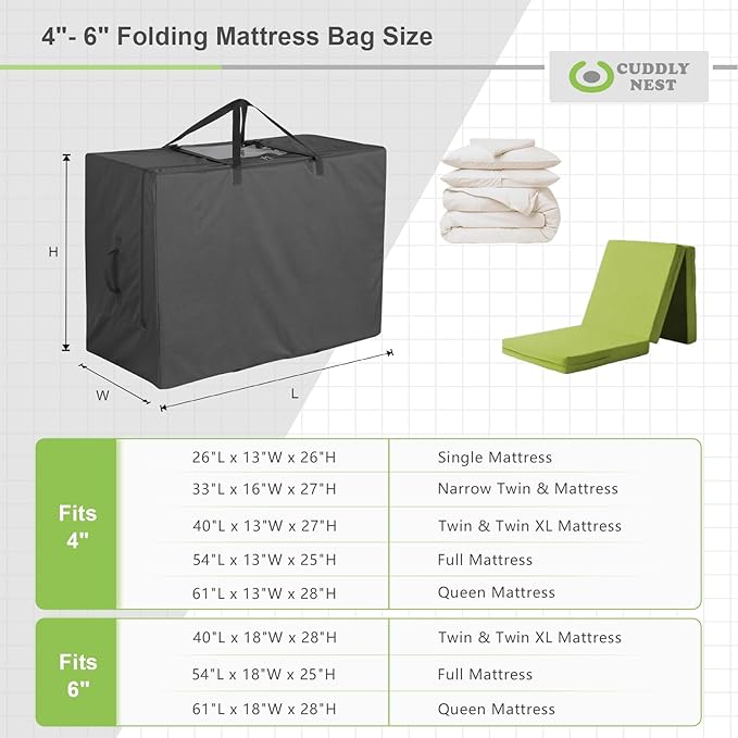 Cuddly Nest Folding Mattress Storage Bag - Heavy Duty Carry Case for Tri-Fold Guest Bed (Fits 4" Twin & Twin XL Mattress,Black)