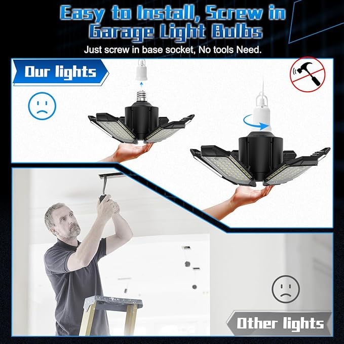 Garage Light - Super Brighter 15000LM Garage Light Bulb 150 Watt Equivalent Screw into E26 Socket w/ 6 Deformable Panels 6500K Led Shop Lights for Base Basement Workshop Warehouse Attic