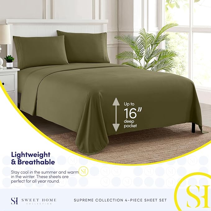 Full Size Sheet Sets - Breathable Luxury Sheets with Full Elastic & Secure Corner Straps Built In - 1800 Supreme Collection Extra Soft Deep Pocket Bedding Set, Sheet Set, Full, Olive