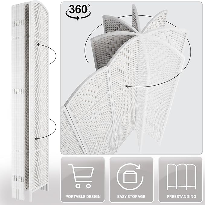 Rose Home Fashion 6 ft Tall Room Divider, Room Dividers and Folding Privacy Screens, 15.7in Privacy Screen 8 Panel Partition Temporary Wall Separation for Private, White
