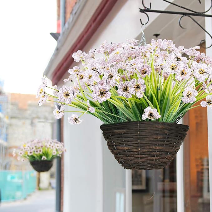 12 Bundles Artificial Flowers Outdoor UV Resistant Fake Flowers No Fade Plastic Plants Garden Porch Window Box Decorating (White)