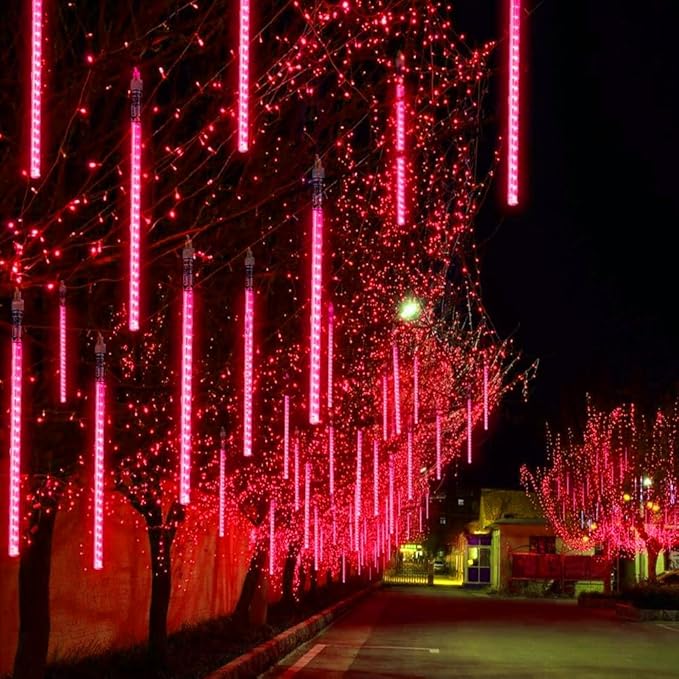 Aukora Red Led Halloween Lights Outdoor, Christmas Lights Outside, 8 Tube Snow Falling Rain Icicle String Light for Xmas Tree Party Thanksgiving Day Garden Camp Wedding Decorations, UL Plug