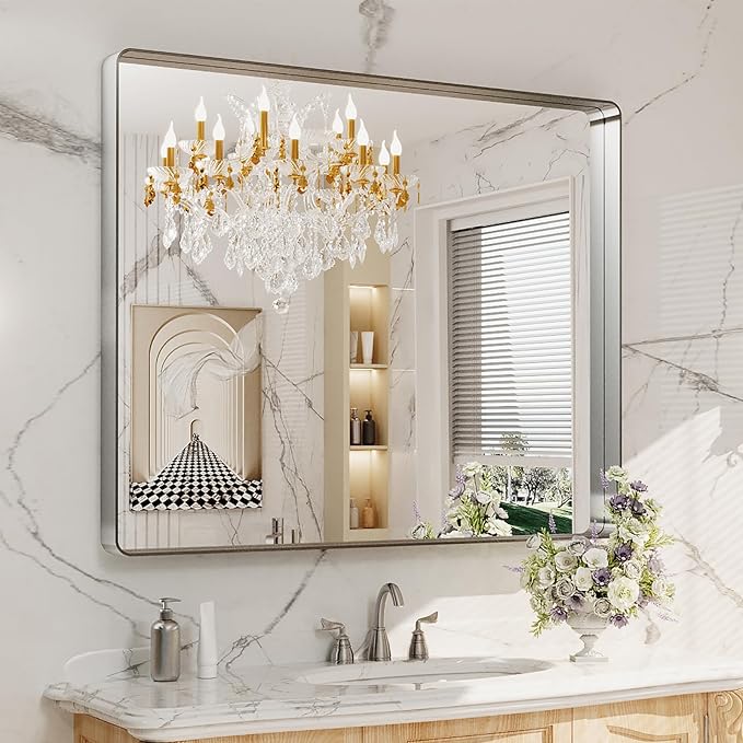 LOAAO 40X36 Inch Brushed Nickel Bathroom Mirror, Rounded Rectangle Silver Metal Frame Mirror, Brushed Nickel, Anti-Rust, Shatter Proof, Hangs Horizontally or Vertically