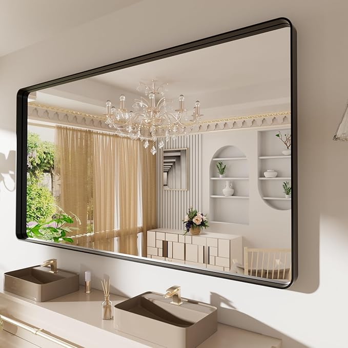 LOAAO 72X40 Inch Black Metal Framed Bathroom Mirror for Wall, Matte Black Bathroom Vanity Mirror Farmhouse, Large Rounded Rectangle Mirror, Anti-Rust, Tempered Glass, Hangs Horizontally or Vertically