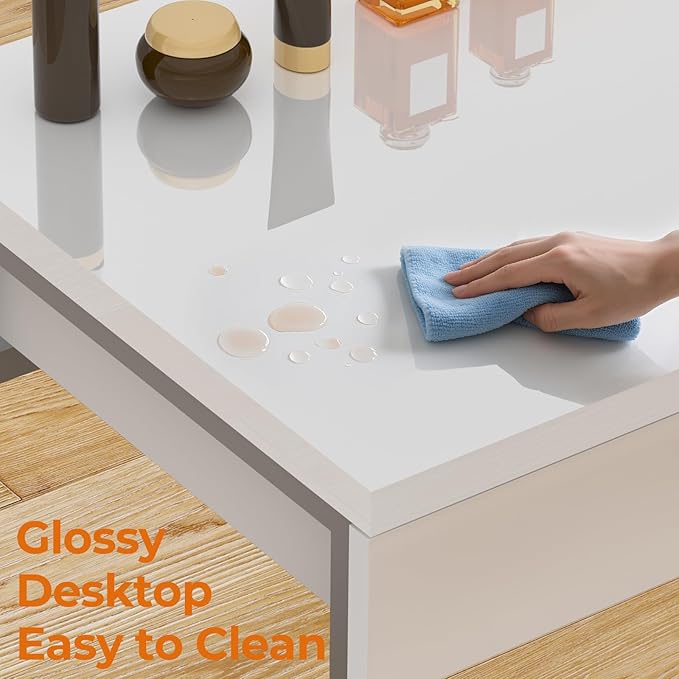 GreenForest Vanity Desk with 2 Drawers,Glossy Desktop White Desk for Bedroom,Makeup Table with Storage Space,Small Desk for Home Office,39 inch No Mirror