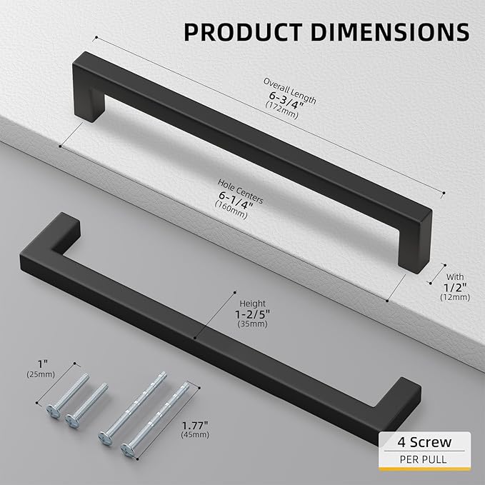 goldenwarm 15 Pack 6-1/4 Inch Black Cabinet Handles Matte Black Drawer Pulls Stainless Steel Cabinets Hardware Square Bar Modern for Kitchen Bathroom Cupboard