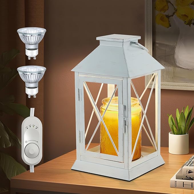 Candle Warmer Lamp with Timer,Cande Warmer Lantern for Jar Candle,Dimmable Candle Lamp Warmer Farmhouse Heat Lamp with 2 Bulbs,Auto Shut Off & Adjustable Brightness-White